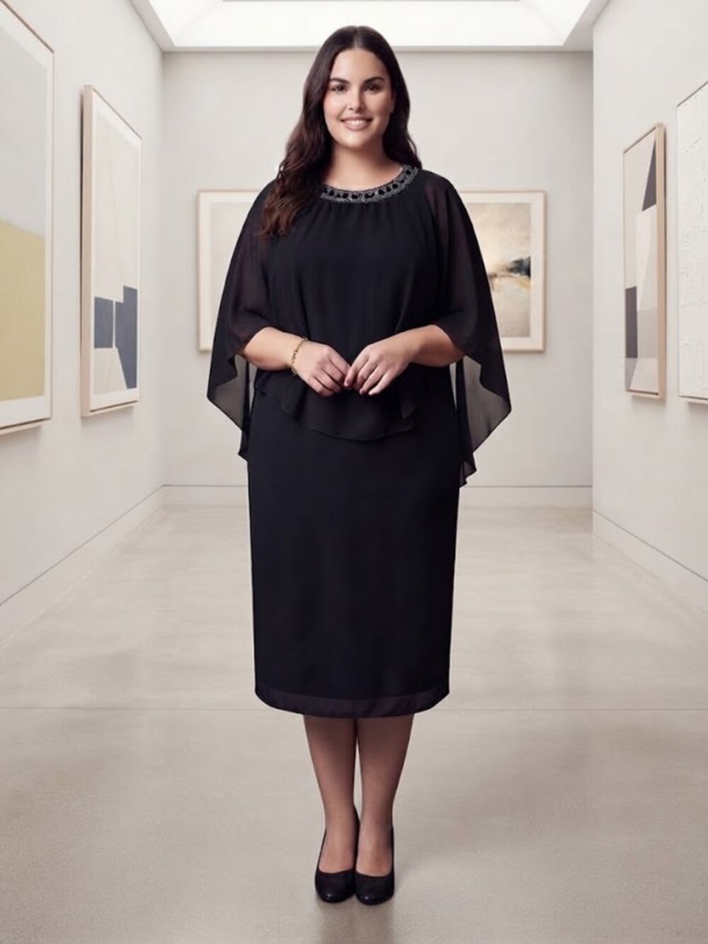 Alex Evenings Black Midi Cape Dress Size 24W NWT